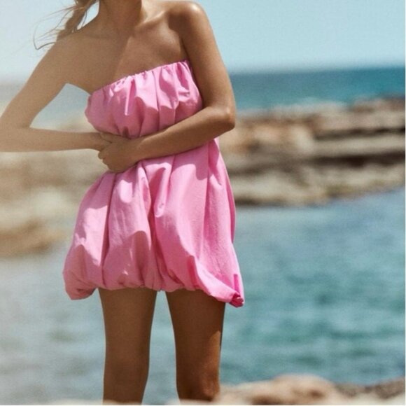 Zara Pink Bubble Hem Strapless Mini Dress Cotton Balloon Tube Top Style S - Picture 1 of 8